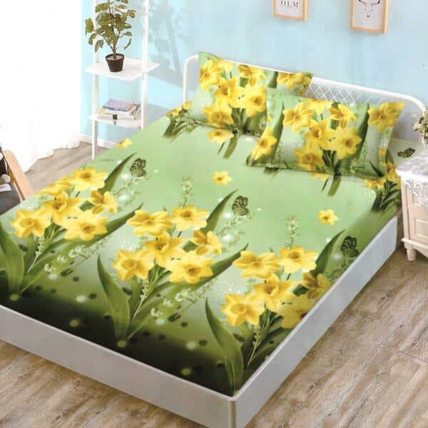 husa de pat verde cu flori galbene