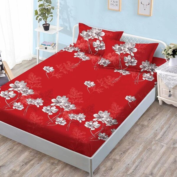 husa de pat din finet rosie cu flori albe