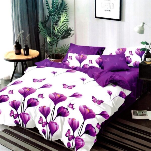 lenjerie de pat fineti alba cu flori violet