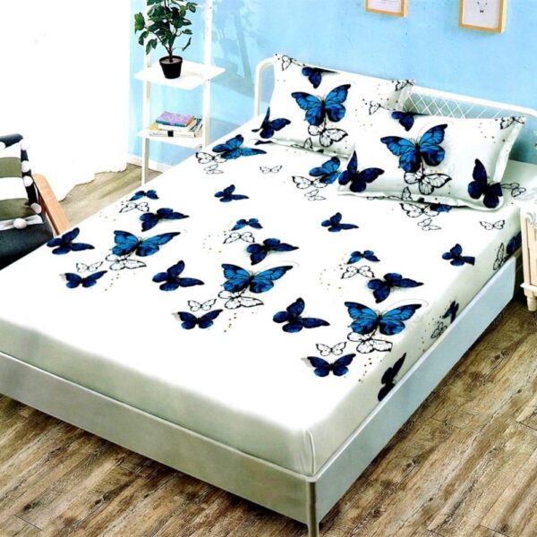 husa de pat finet crem cu fluturi albastrii
