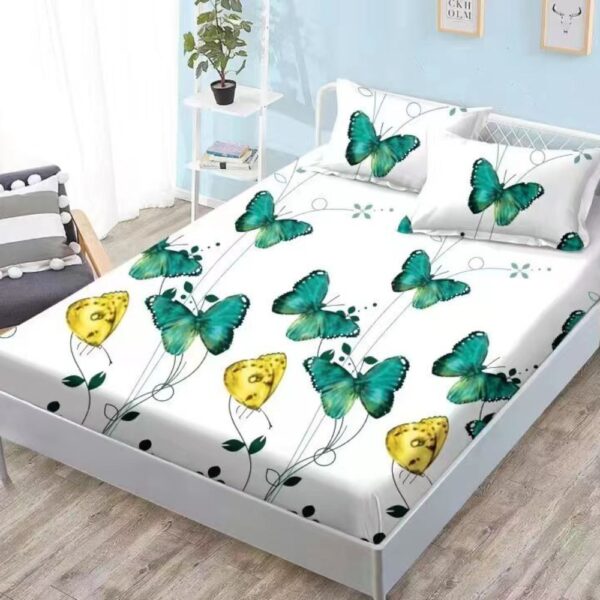 husa de pat finet alba cu fluturi verzi